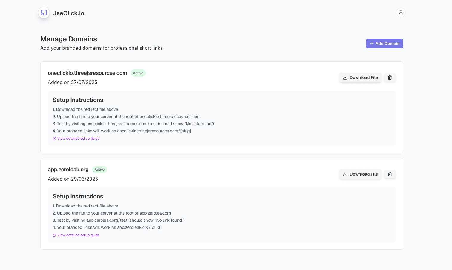 Custom domains interface showing branded link configuration